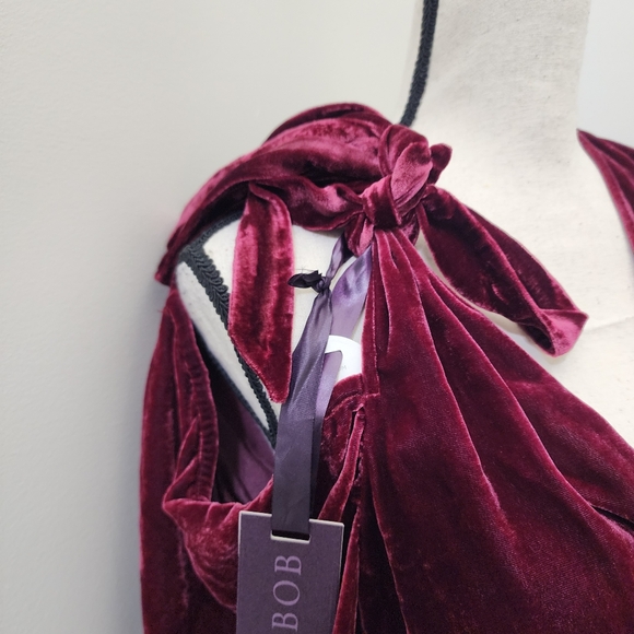 HALE BOB Silk Velvet Cold Shoulder Blouson Dress Tie Shoulder L‎ Cranberry NWT - Picture 3 of 16